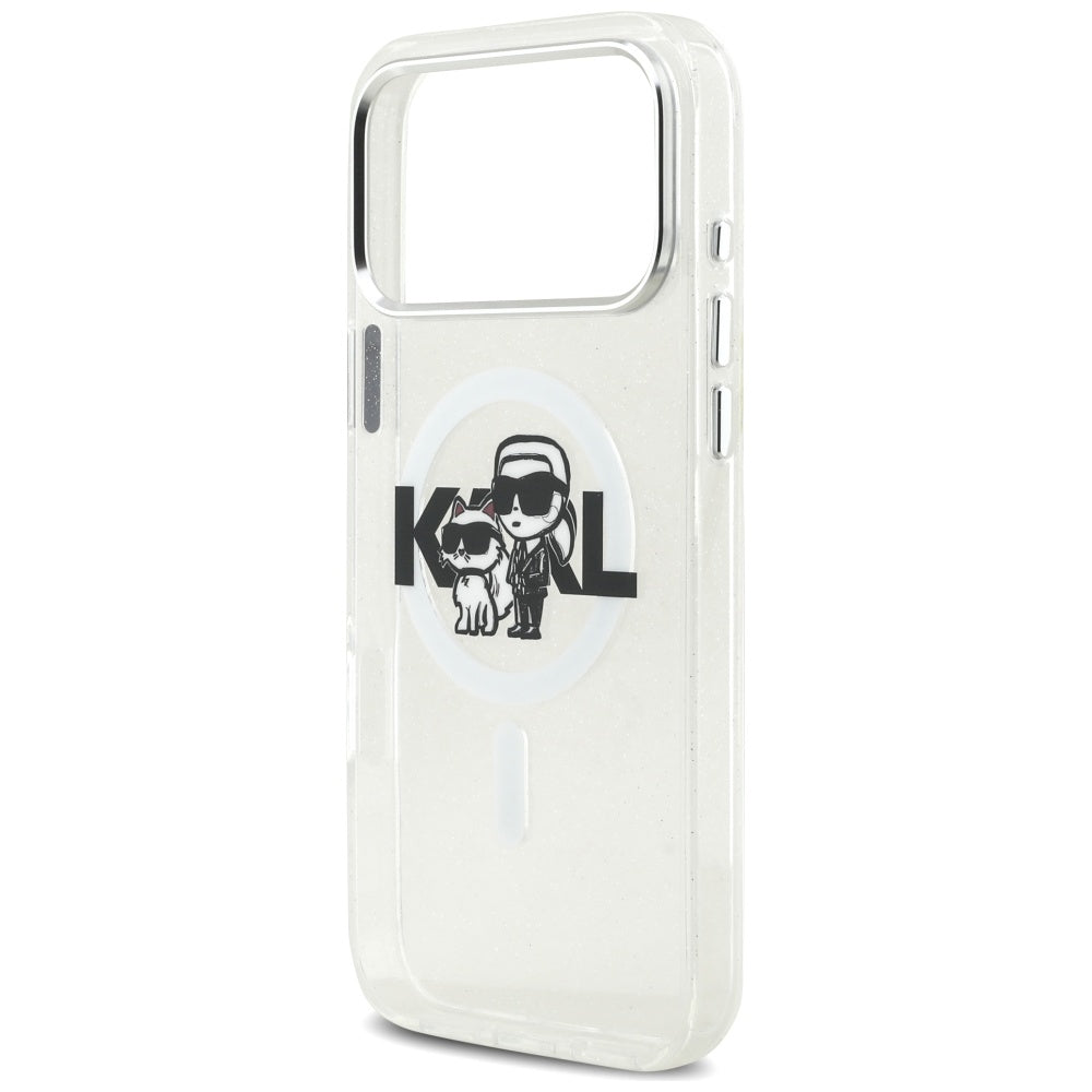 MagSafe-deksel for Apple iPhone 17 Pro Max, Karl Lagerfeld, IML Sketch Logo Glitter Karl & Choupette, Gjennomsiktig