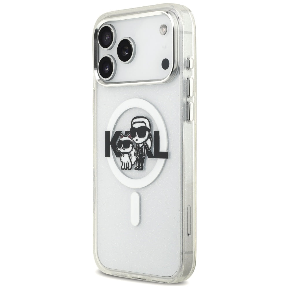 MagSafe-deksel for Apple iPhone 17 Pro Max, Karl Lagerfeld, IML Sketch Logo Glitter Karl & Choupette, Gjennomsiktig