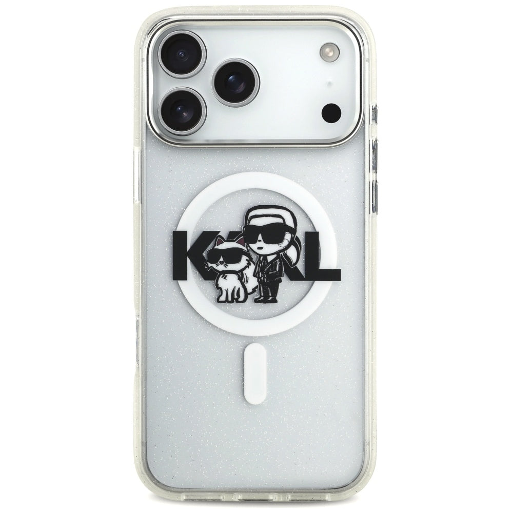MagSafe-deksel for Apple iPhone 17 Pro Max, Karl Lagerfeld, IML Sketch Logo Glitter Karl & Choupette, Gjennomsiktig