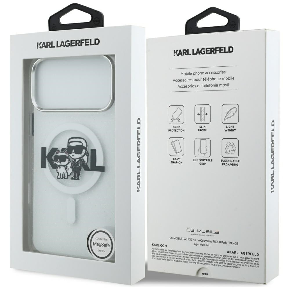MagSafe-deksel for Apple iPhone 17 Pro Max, Karl Lagerfeld, IML Sketch Logo Glitter Karl & Choupette, Gjennomsiktig