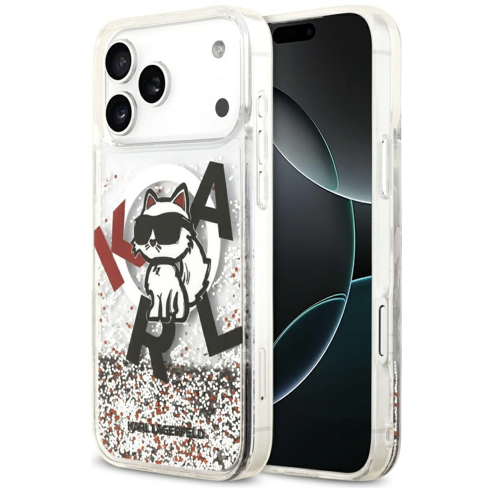 MagSafe-deksel for Apple iPhone 17 Pro Max, Karl Lagerfeld, Liquid Glitter Logo Choupette, Gjennomsiktig
