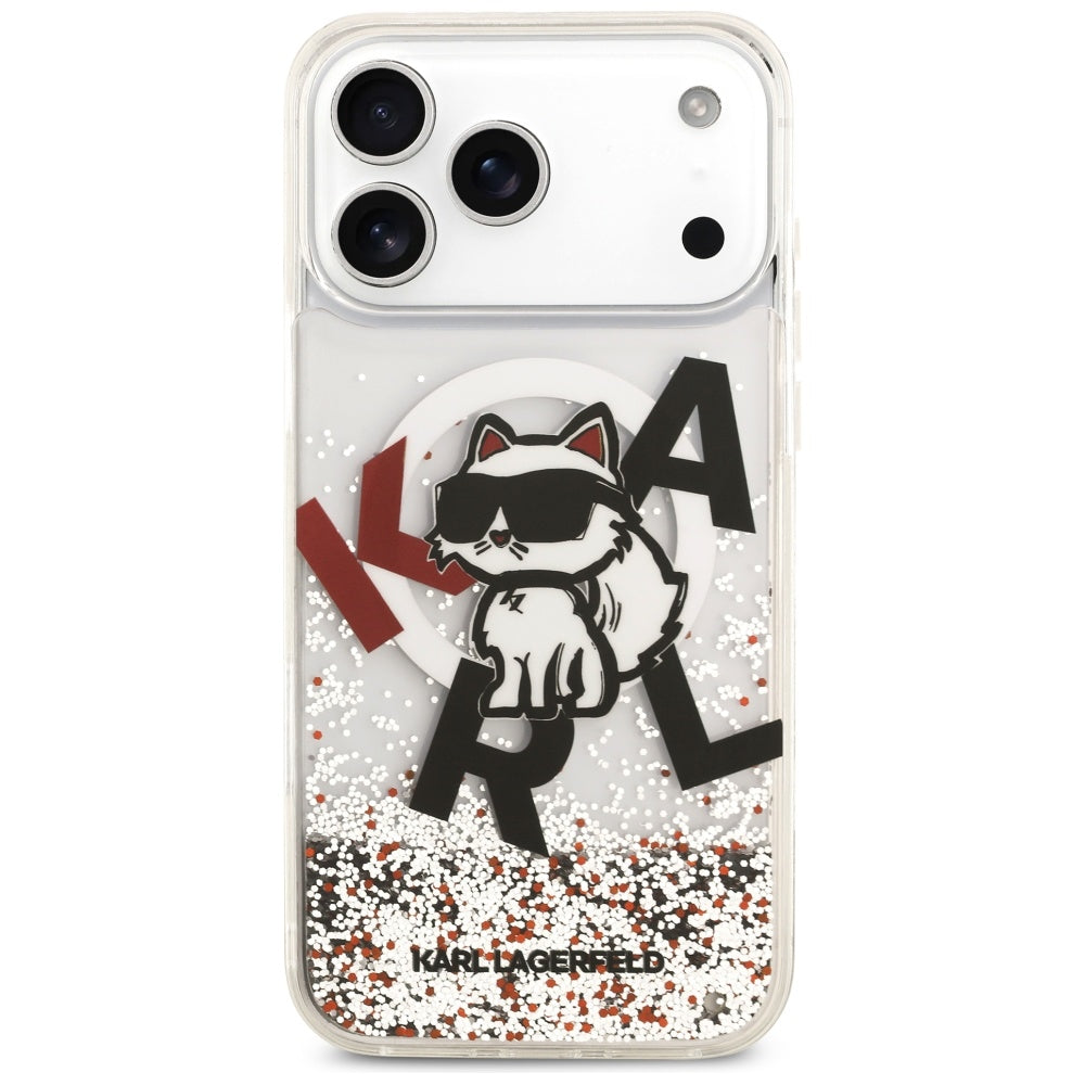 MagSafe-deksel for Apple iPhone 17 Pro Max, Karl Lagerfeld, Liquid Glitter Logo Choupette, Gjennomsiktig