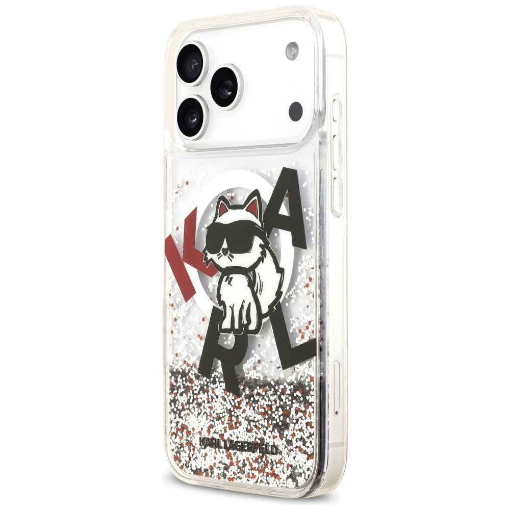 MagSafe-deksel for Apple iPhone 17 Pro Max, Karl Lagerfeld, Liquid Glitter Logo Choupette, Gjennomsiktig