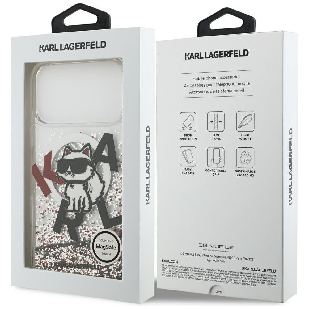 MagSafe-deksel for Apple iPhone 17 Pro Max, Karl Lagerfeld, Liquid Glitter Logo Choupette, Gjennomsiktig