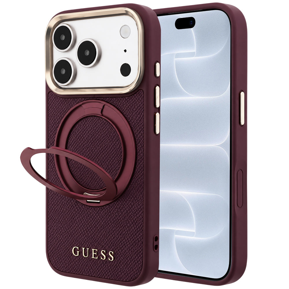 MagSafe-deksel til Apple iPhone 18 Pro / 17 Pro, Guess Grained Ring Stand 360 Classic, vinrød