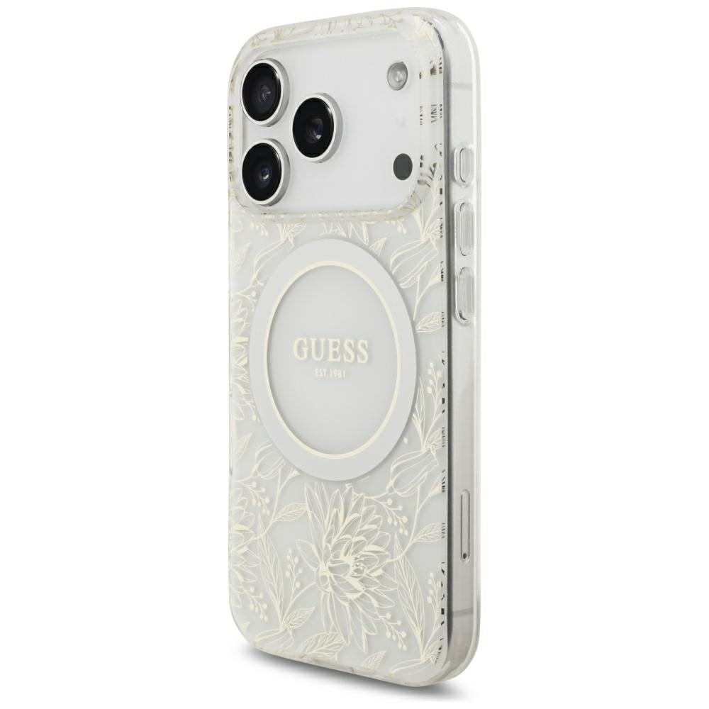 MagSafe-deksel for Apple iPhone 18 Pro / 17 Pro, Guess, IML Flowers elektroplettert med perlesnor, hvit