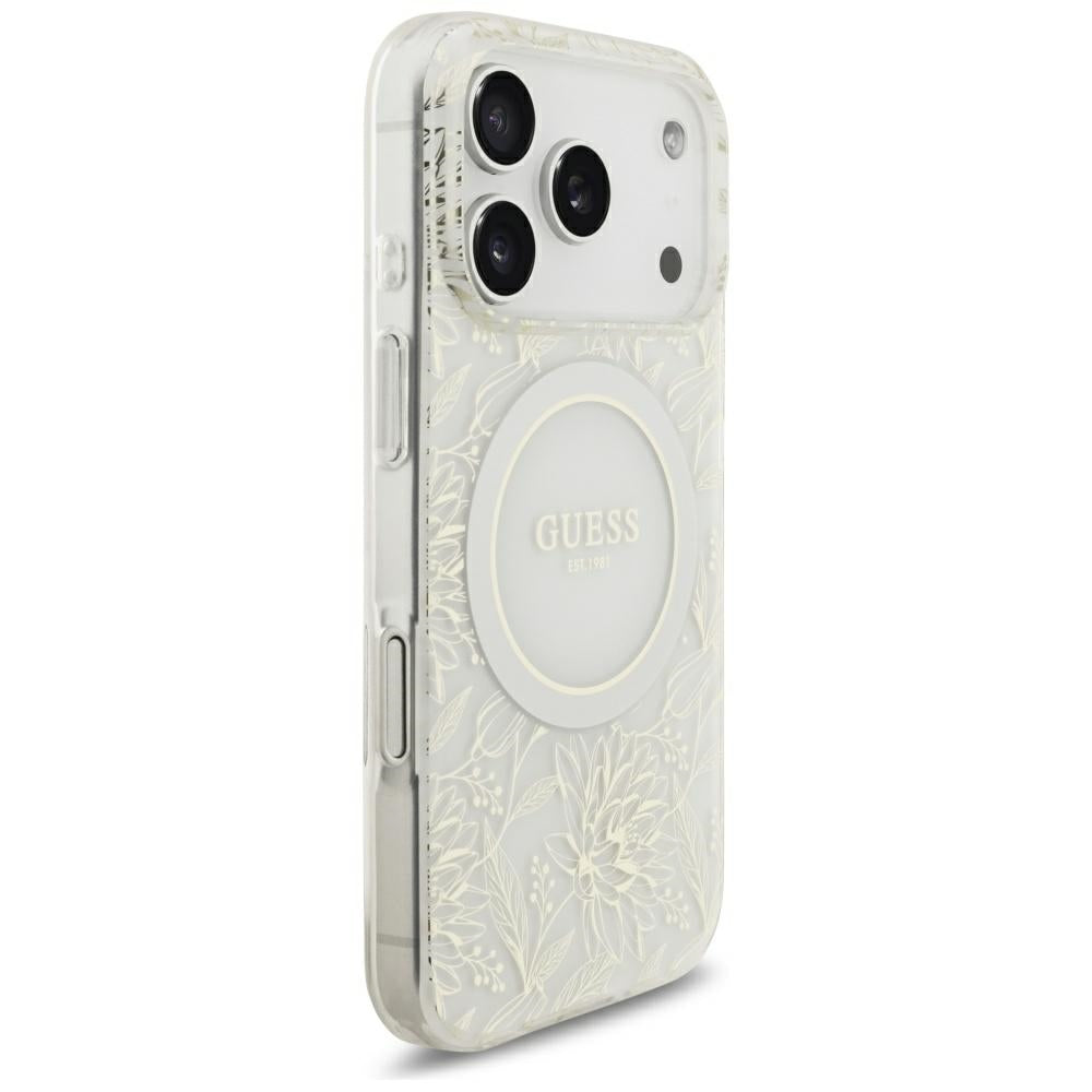 MagSafe-deksel for Apple iPhone 18 Pro / 17 Pro, Guess, IML Flowers elektroplettert med perlesnor, hvit