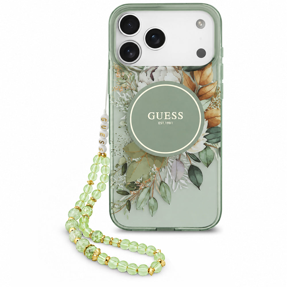 MagSafe-deksel til Apple iPhone 18 Pro / 17 Pro, Guess, IML Flowers with Pearl Strap, grønn