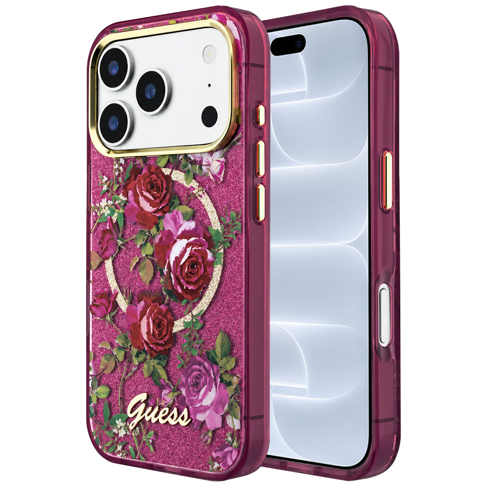 MagSafe-deksel for Apple iPhone 18 Pro / 17 Pro, Guess, IML Glitter Blossom Roses, Burgunder