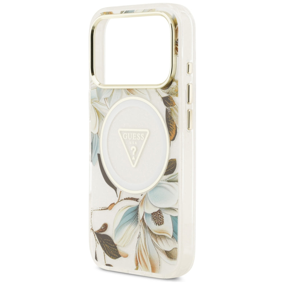 MagSafe-deksel for Apple iPhone 18 Pro / 17 Pro, Guess, IML Metal Glitter Flowers Triangle, Hvit