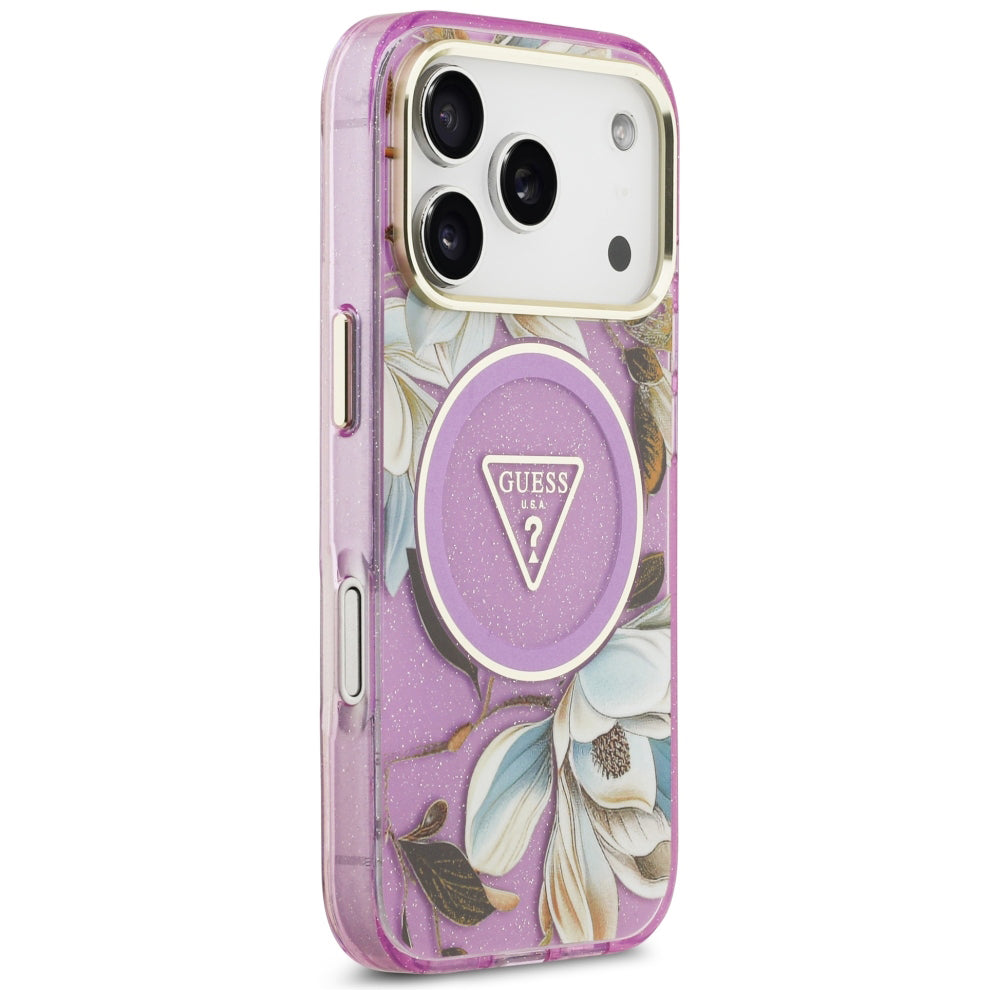 MagSafe-deksel for Apple iPhone 18 Pro / 17 Pro, Guess, IML Metal Glitter Flowers Triangle, Lilla