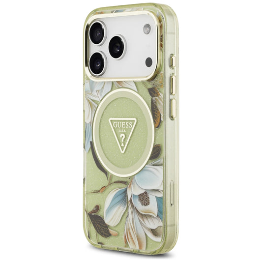 MagSafe-deksel for Apple iPhone 18 Pro / 17 Pro, Guess, IML Metal Glitter Flowers Triangle, Grønn