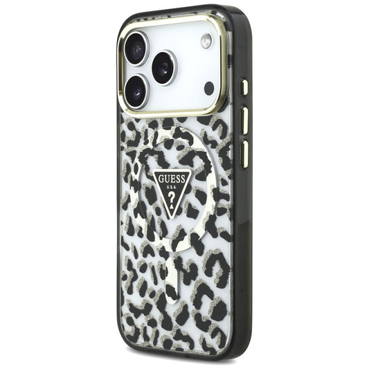 MagSafe-deksel for Apple iPhone 18 Pro / 17 Pro, Guess, Leopard Glitter Triangle Logo, Svart