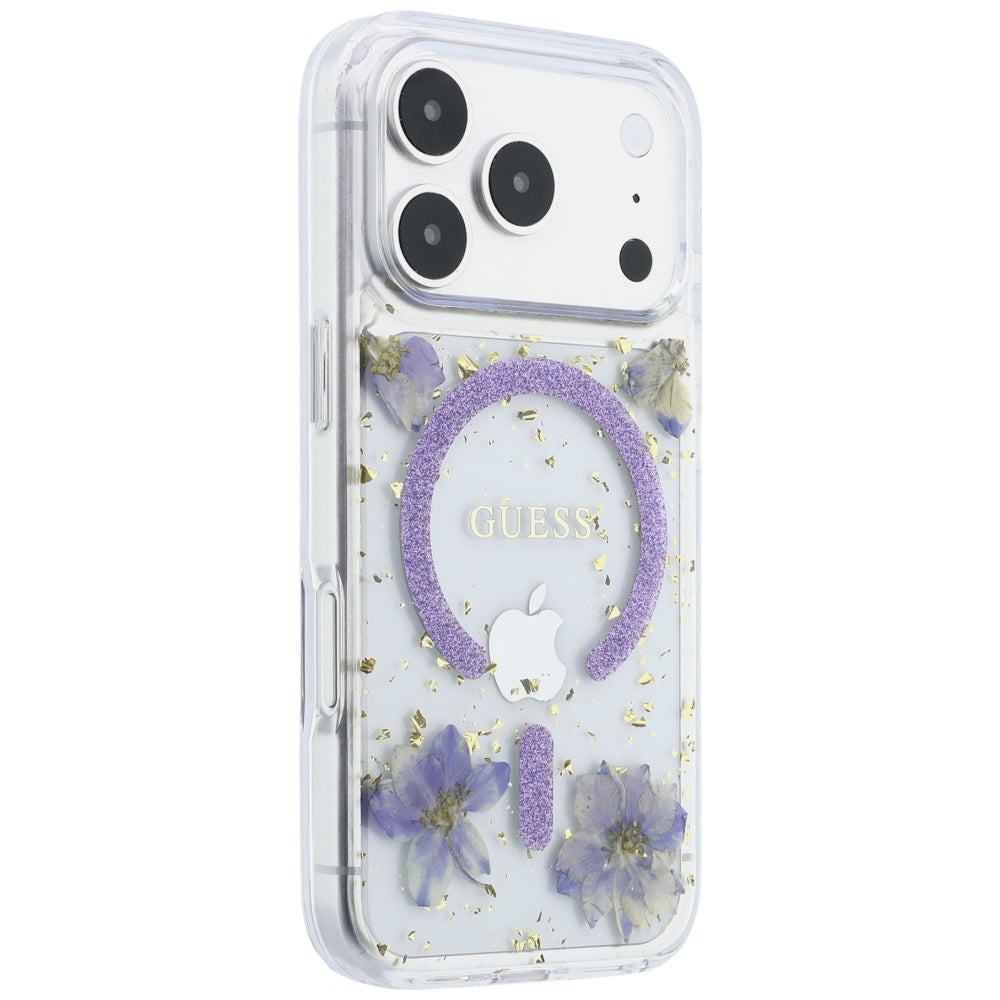 MagSafe-deksel for Apple iPhone 18 Pro / 17 Pro, Guess, Resin Flowers and Glitter, Lilla