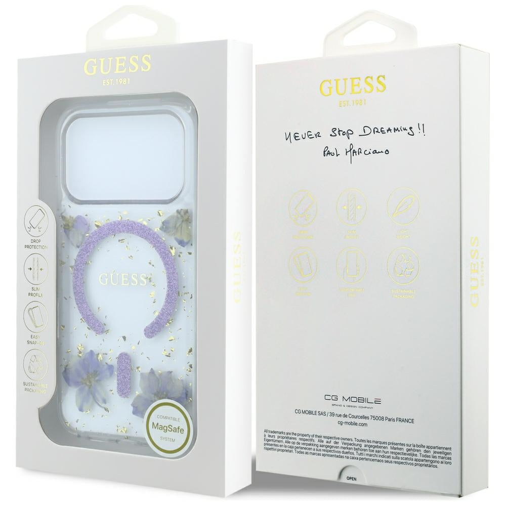 MagSafe-deksel for Apple iPhone 18 Pro / 17 Pro, Guess, Resin Flowers and Glitter, Lilla