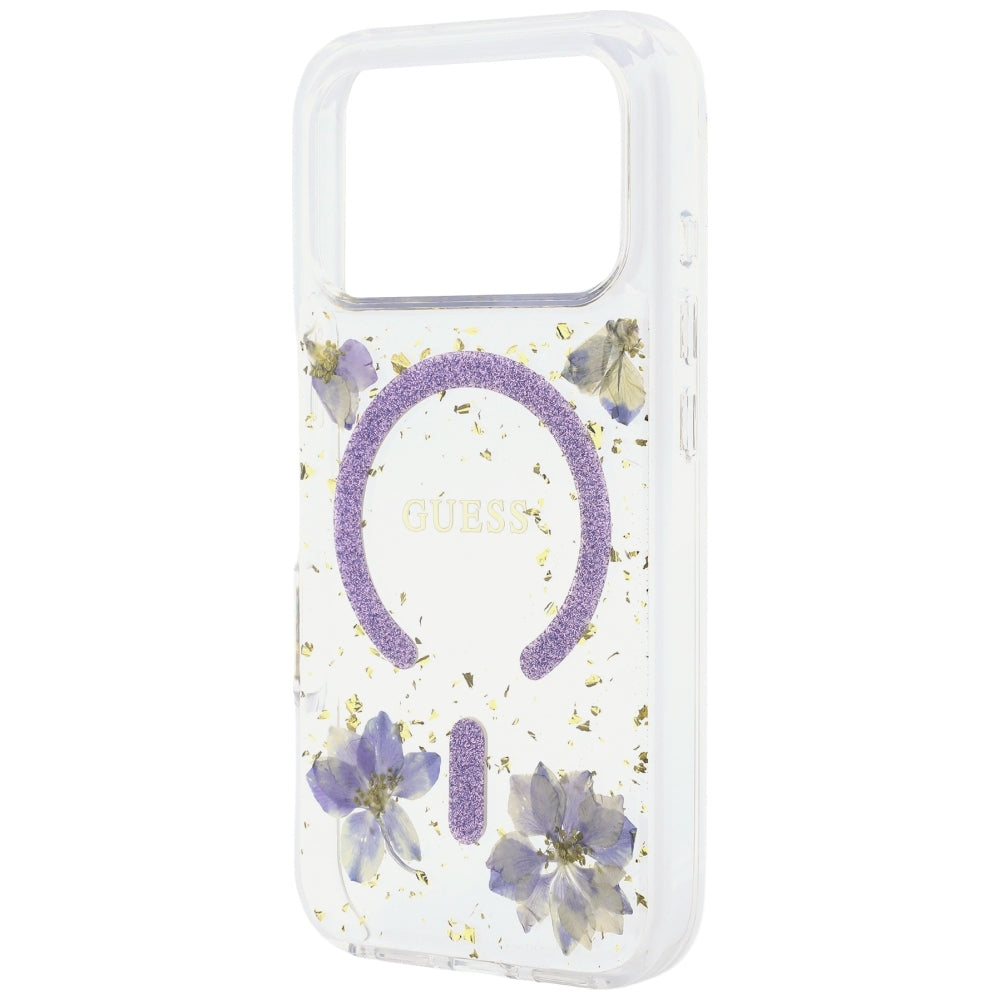 MagSafe-deksel for Apple iPhone 18 Pro / 17 Pro, Guess, Resin Flowers and Glitter, Lilla