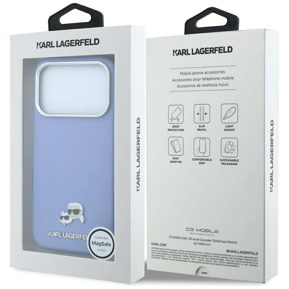 MagSafe-deksel for Apple iPhone 18 Pro / 17 Pro, Karl Lagerfeld, Grained Karl & Choupette Head's Metal, Bleu