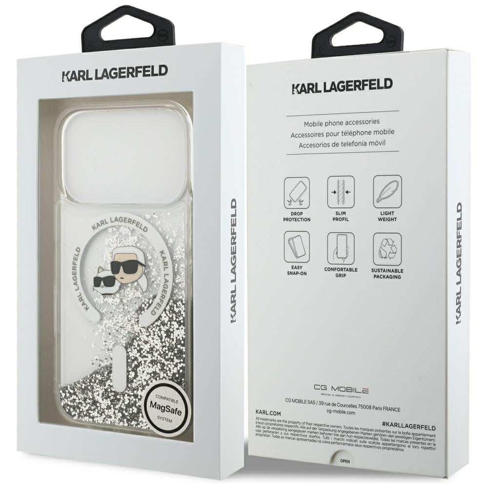MagSafe-deksel for Apple iPhone 18 Pro / 17 Pro, Karl Lagerfeld, Liquid Glitter Karl & Choupette Head's, Transparent