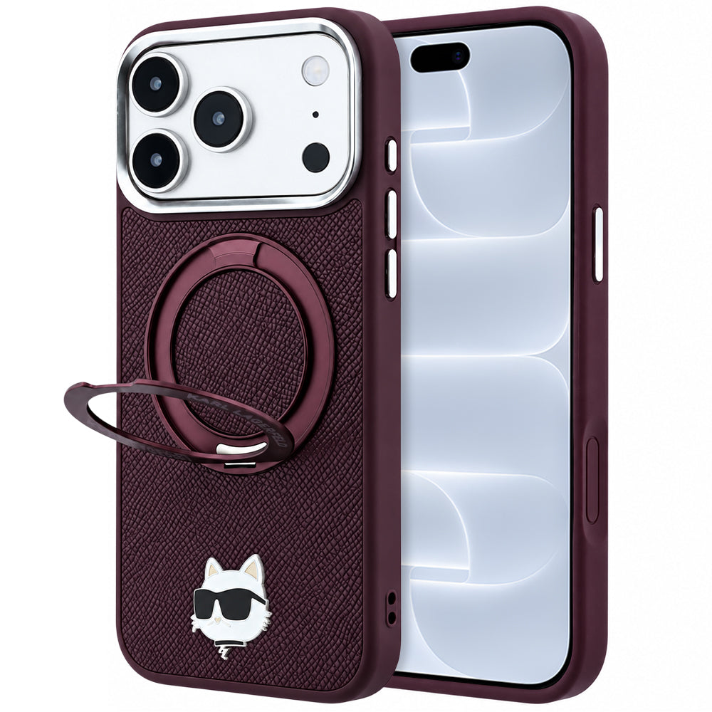 MagSafe-deksel for Apple iPhone 18 Pro / 17 Pro, Karl Lagerfeld, Ring Stand 360 Choupette Pin, Burgunder
