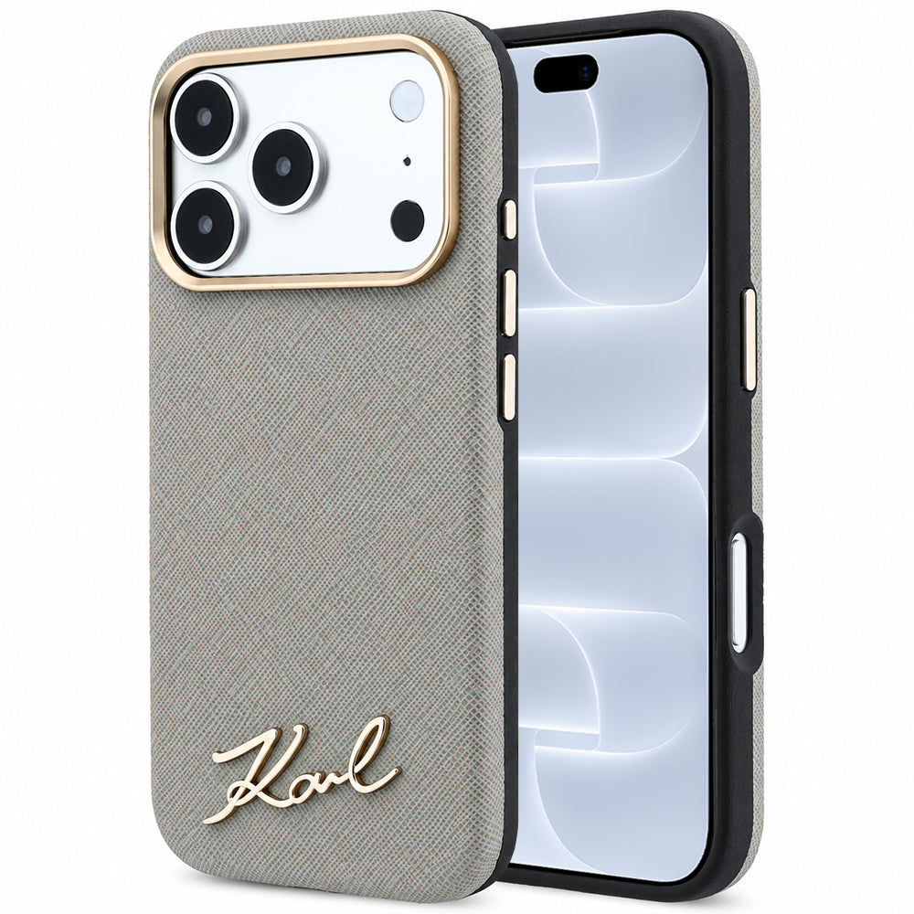 MagSafe-deksel for Apple iPhone 18 Pro / 17 Pro, Karl Lagerfeld, Saffiano Small Script Metal Logo, Grå Beige