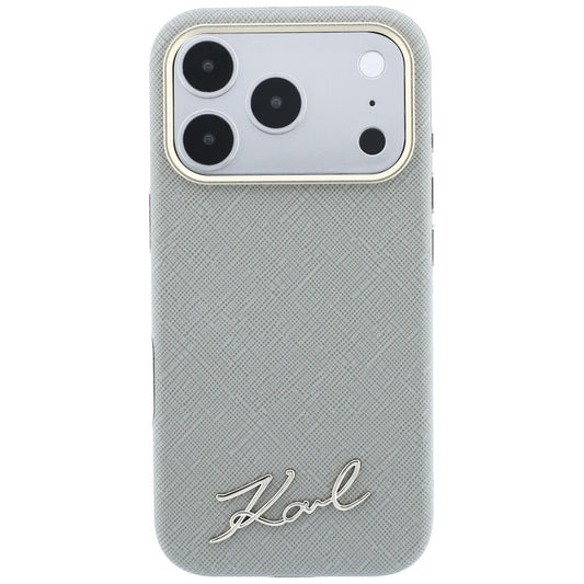 MagSafe-deksel for Apple iPhone 18 Pro / 17 Pro, Karl Lagerfeld, Saffiano Small Script Metal Logo, Grå Beige