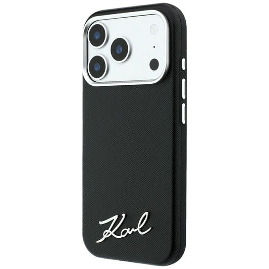 MagSafe-deksel for Apple iPhone 18 Pro / 17 Pro, Karl Lagerfeld, Saffiano Small Script Metal Logo, Svart