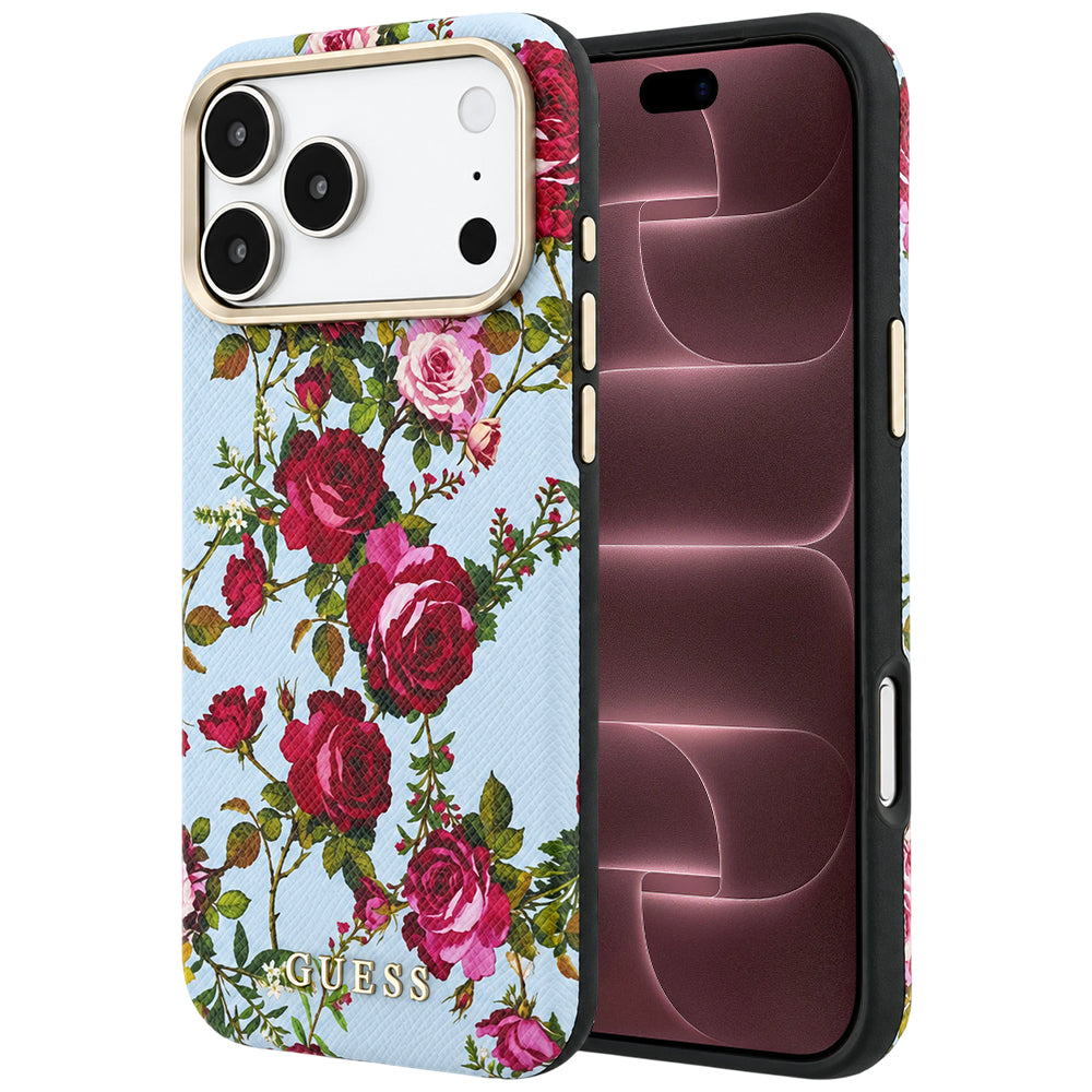 MagSafe-deksel til Apple iPhone 18 Pro Max / 17 Pro Max, Guess, Blossom Roses Print, blå