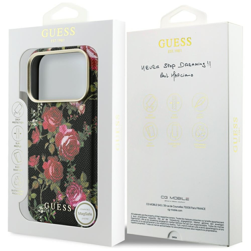 MagSafe-deksel til Apple iPhone 18 Pro Max / 17 Pro Max, Guess, Blossom Roses Print, svart