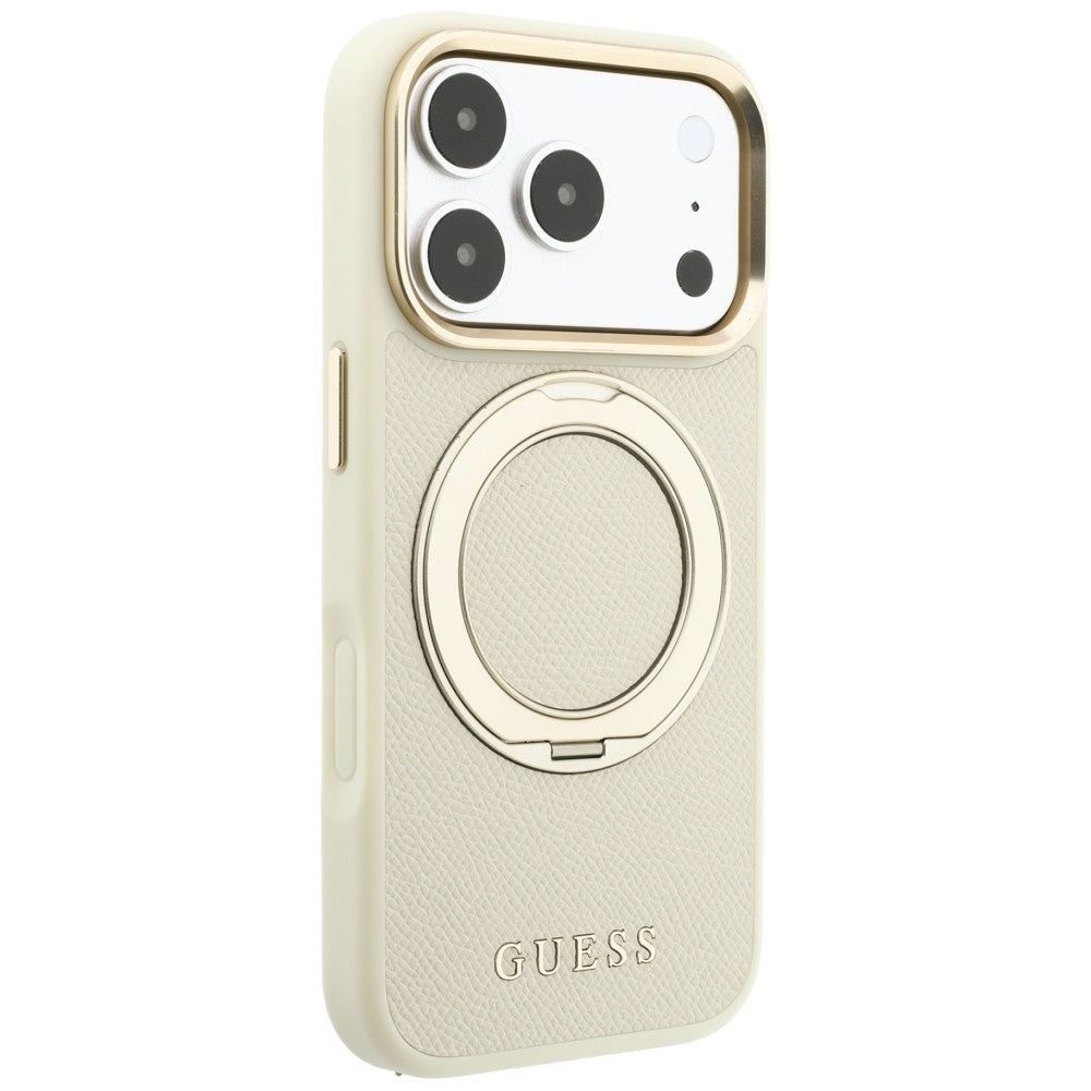 MagSafe-deksel for Apple iPhone 18 Pro Max / 17 Pro Max, Guess, Grained Ring Stand 360 Classic, Beige