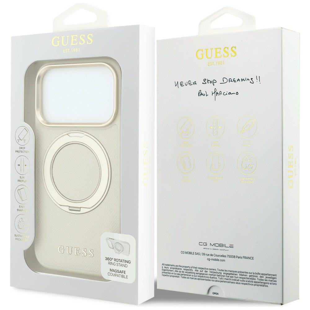 MagSafe-deksel for Apple iPhone 18 Pro Max / 17 Pro Max, Guess, Grained Ring Stand 360 Classic, Beige