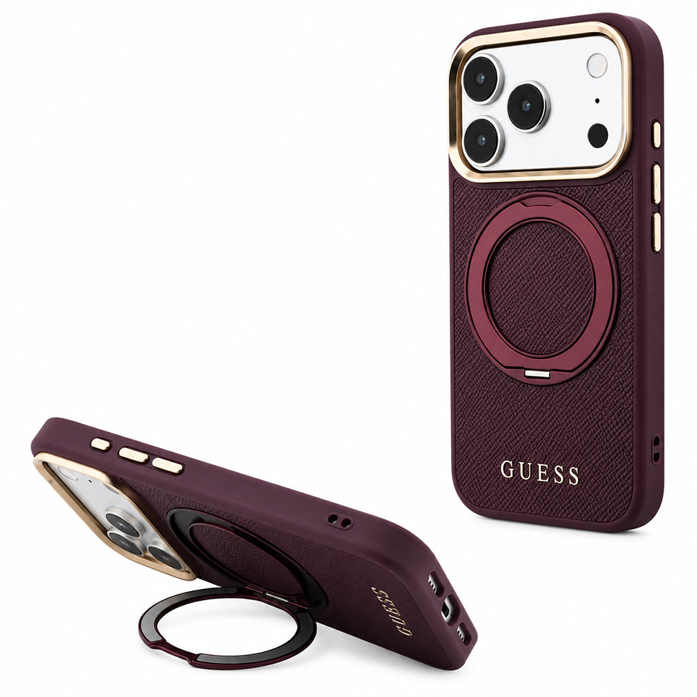 MagSafe-deksel for Apple iPhone 18 Pro Max / 17 Pro Max, Guess, Grained Ring Stand 360 Classic, Burgunder