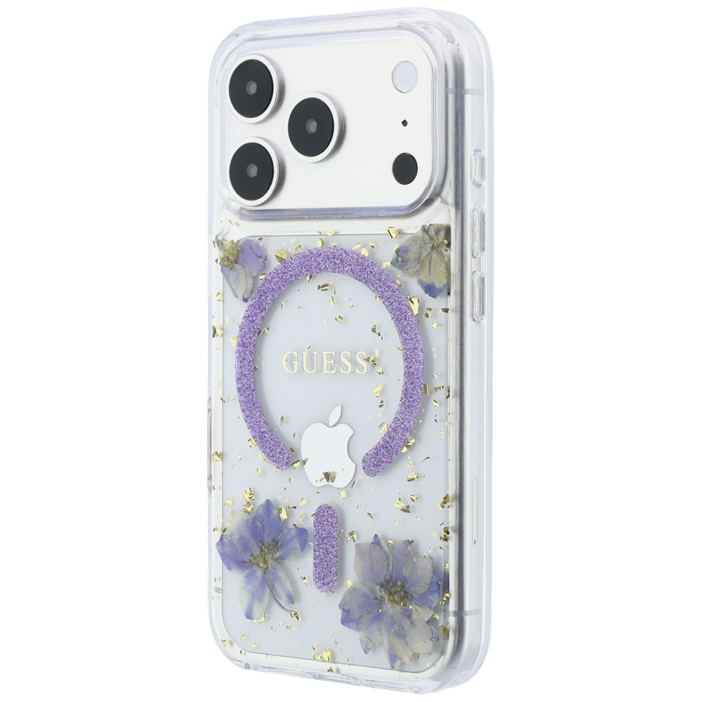 MagSafe-deksel for Apple iPhone 18 Pro Max / 17 Pro Max, Guess, Resin Flowers and Glitter, Lilla