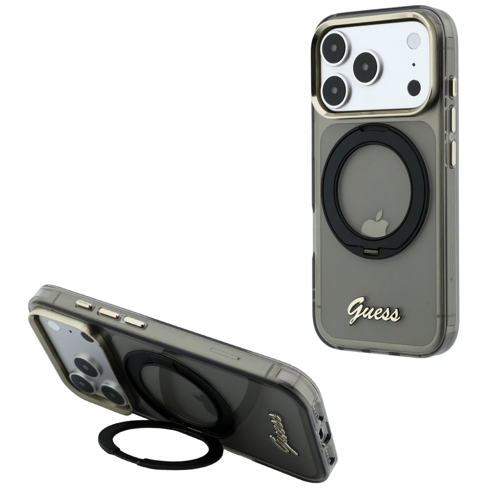 MagSafe-deksel for Apple iPhone 18 Pro Max / 17 Pro Max, Guess, Ring Stand Script Metal Logo, Svart