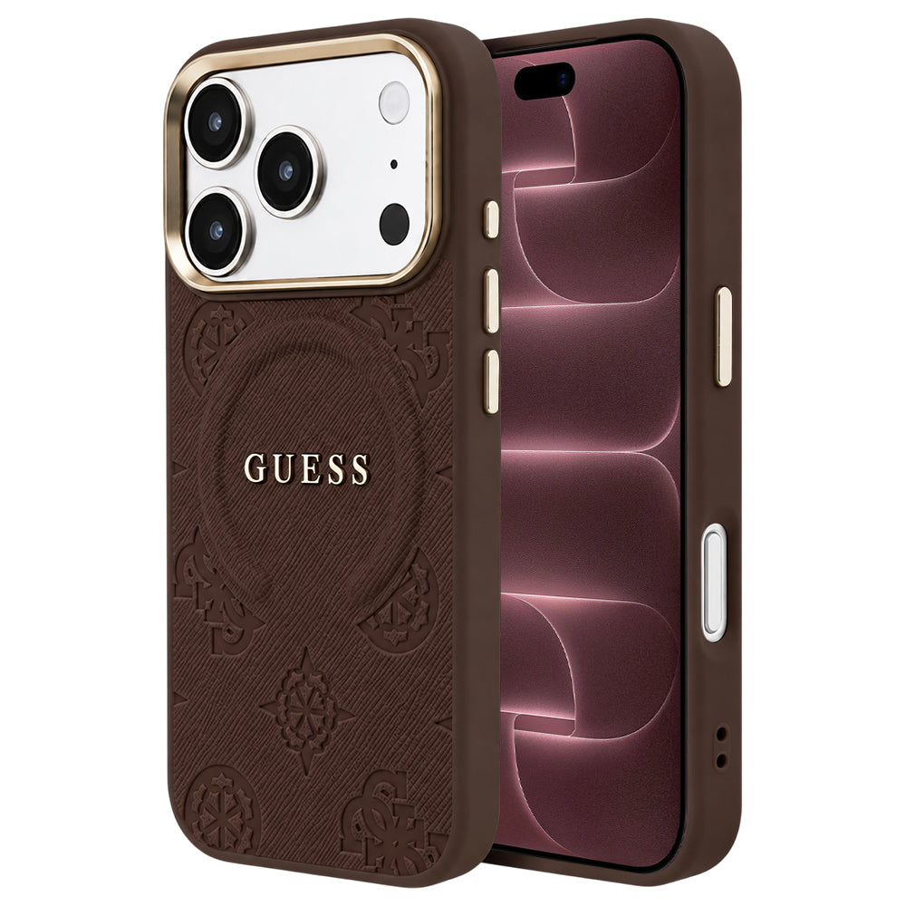 MagSafe-deksel til Apple iPhone 18 Pro Max / 17 Pro Max, Guess, Saffiano Peony Ring, brun