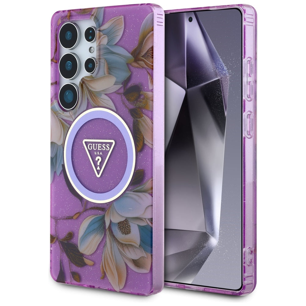 MagSafe-deksel for Samsung Galaxy S25 Ultra S938, Guess, IML Metal Glitter Flowers Triangle, Lilla