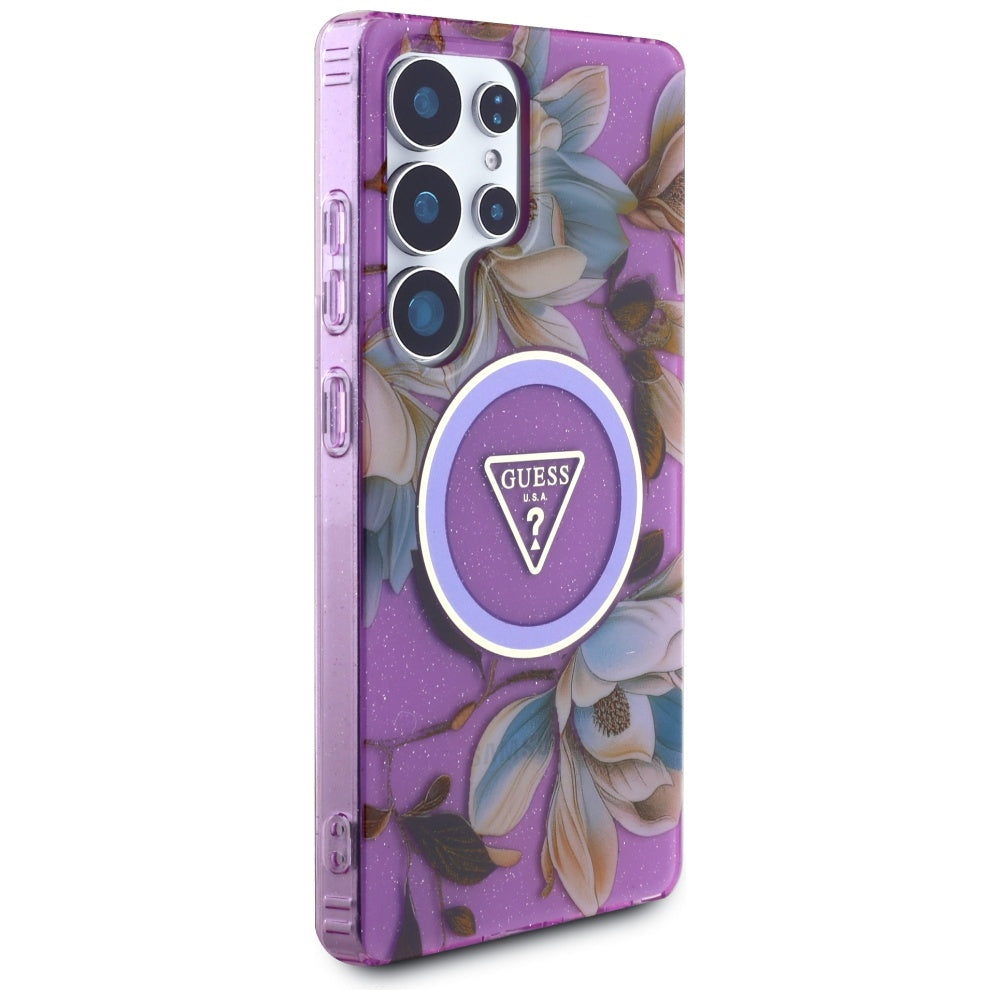 MagSafe-deksel for Samsung Galaxy S25 Ultra S938, Guess, IML Metal Glitter Flowers Triangle, Lilla