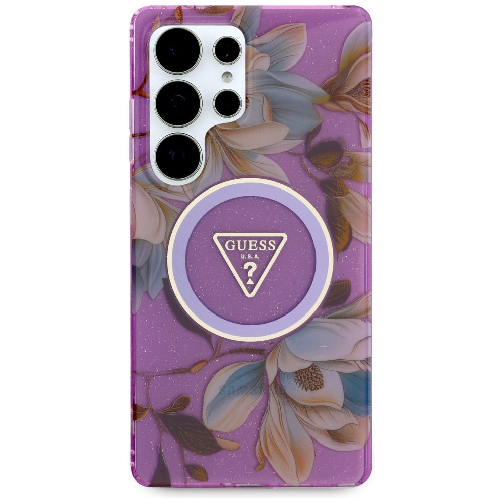 MagSafe-deksel for Samsung Galaxy S25 Ultra S938, Guess, IML Metal Glitter Flowers Triangle, Lilla