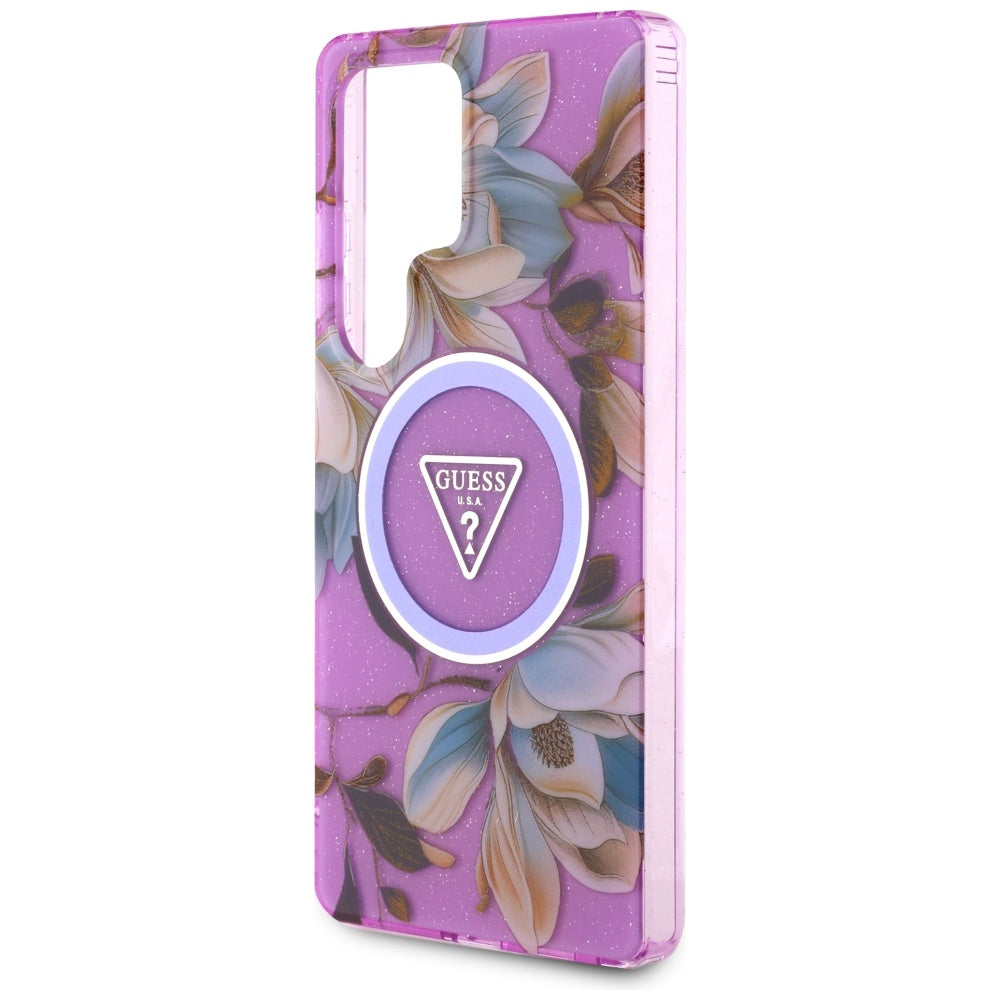 MagSafe-deksel for Samsung Galaxy S25 Ultra S938, Guess, IML Metal Glitter Flowers Triangle, Lilla