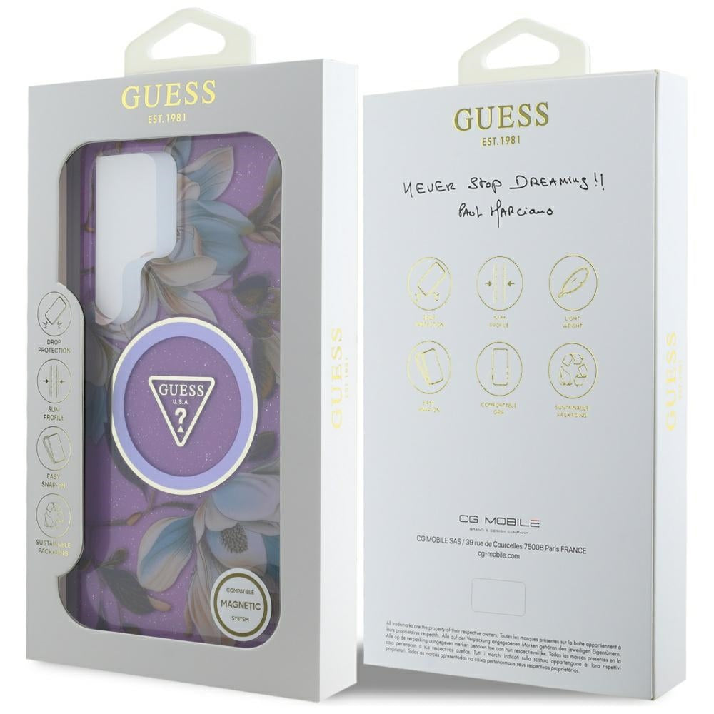 MagSafe-deksel for Samsung Galaxy S25 Ultra S938, Guess, IML Metal Glitter Flowers Triangle, Lilla