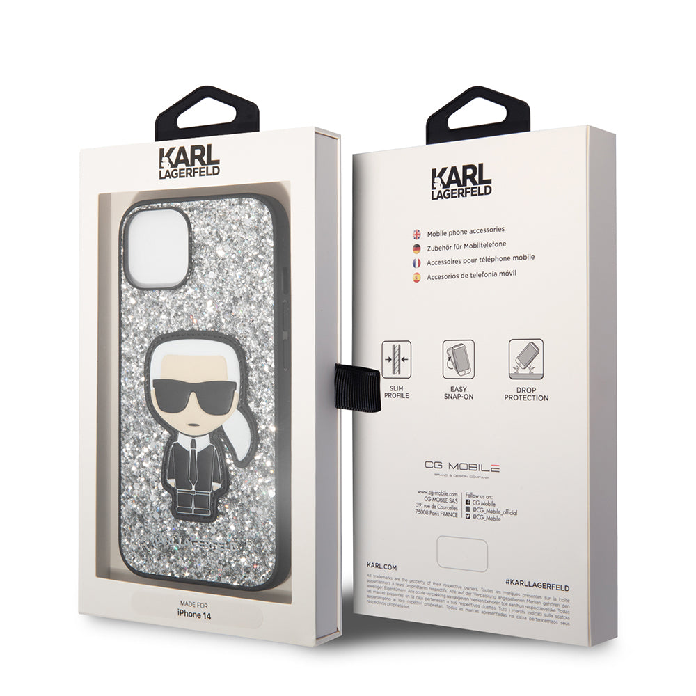 Deksel for Apple iPhone 14, Karl Lagerfeld, Glitter Flakes Ikonik Karl, Sølvfarget