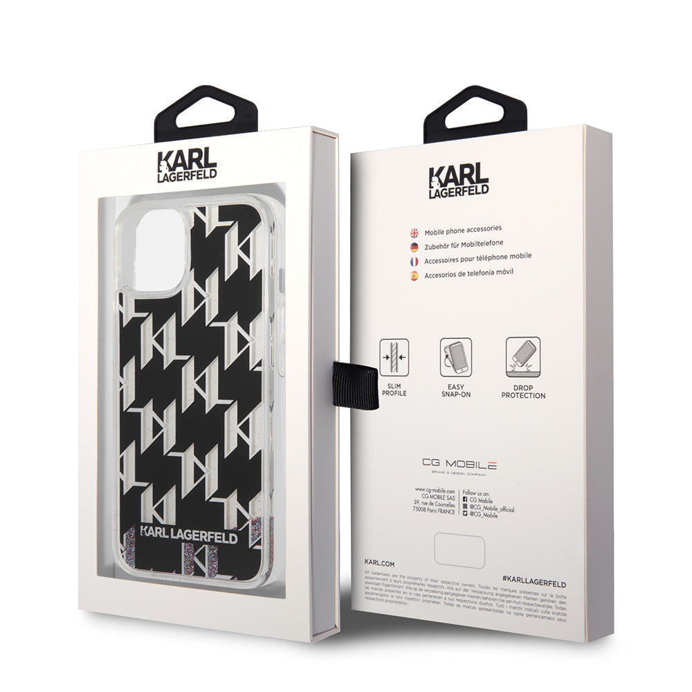Deksel for Apple iPhone 14, Karl Lagerfeld, Liquid Glitter Monogram, Svart