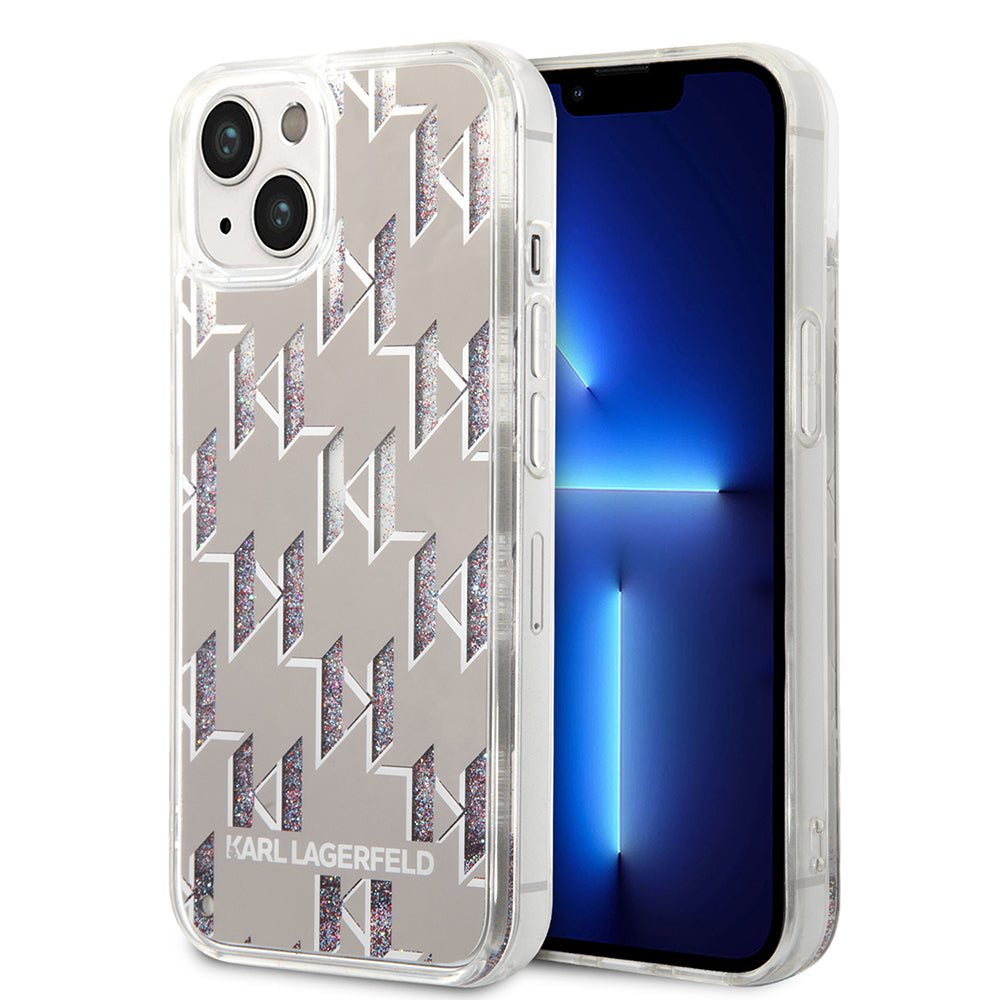 Deksel for Apple iPhone 14 Plus, Karl Lagerfeld, Liquid Glitter Monogram, Sølv