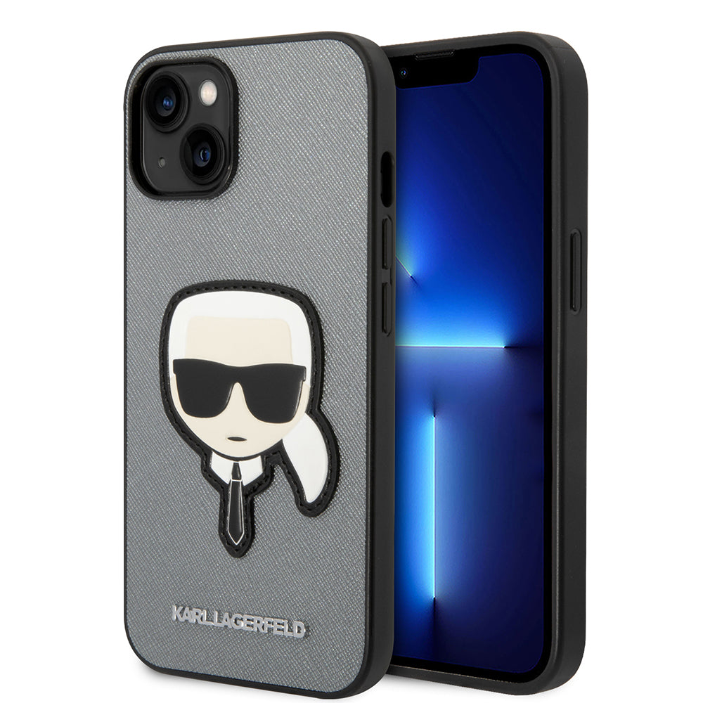 Deksel for Apple iPhone 14 Plus, Karl Lagerfeld, Saffiano Karl's Head, Sølvfarget