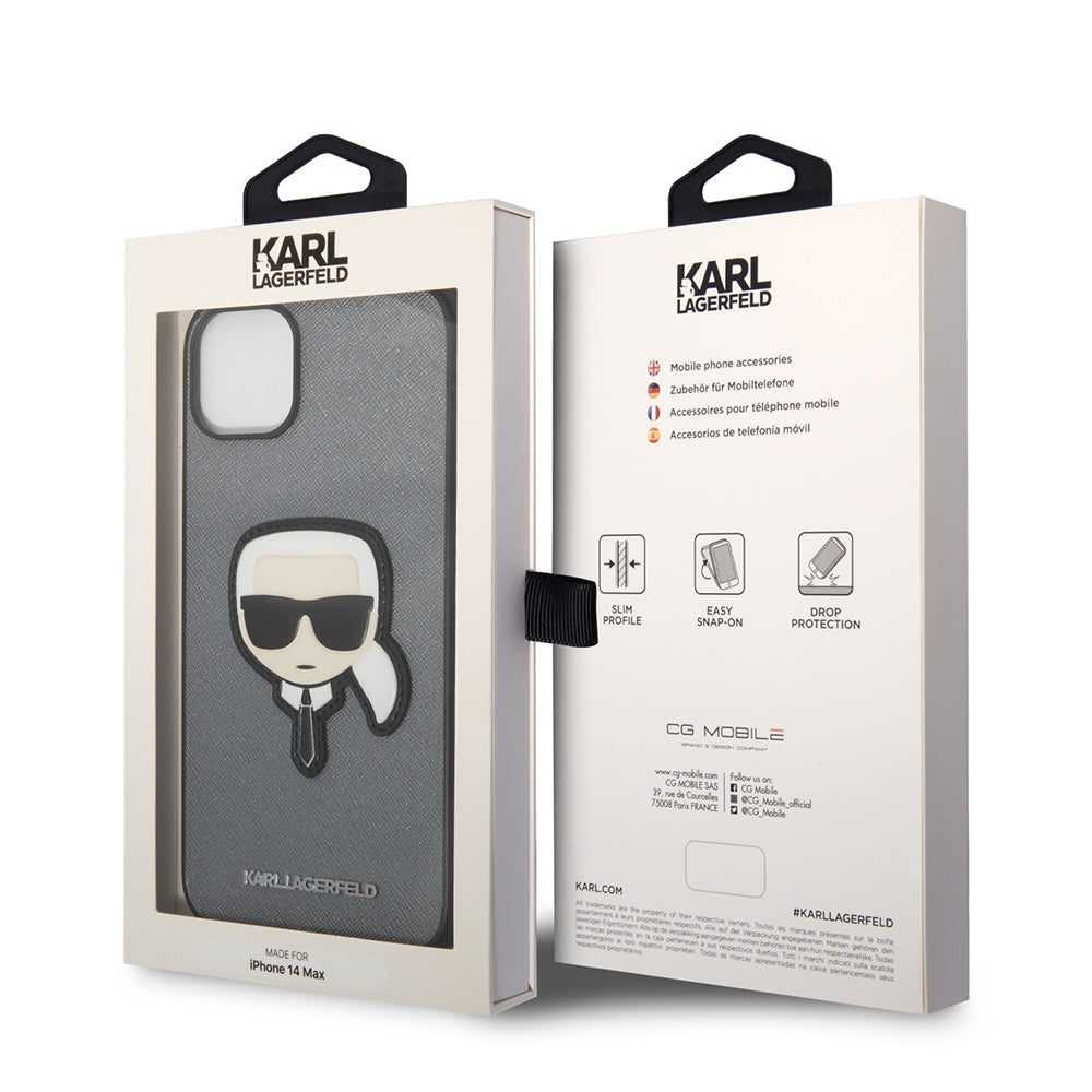 Deksel for Apple iPhone 14 Plus, Karl Lagerfeld, Saffiano Karl's Head, Sølvfarget