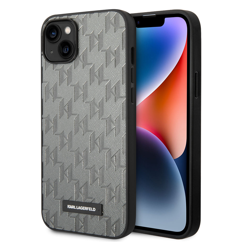 Deksel for Apple iPhone 14 Plus, Karl Lagerfeld, Saffiano Monogram Metal Logo, Grå