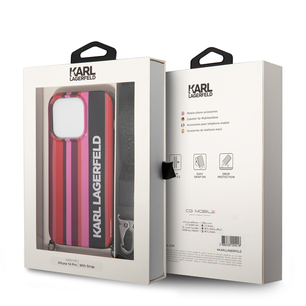 Deksel for Apple iPhone 14 Pro, Karl Lagerfeld, Color Stripes with Strap, Rosa