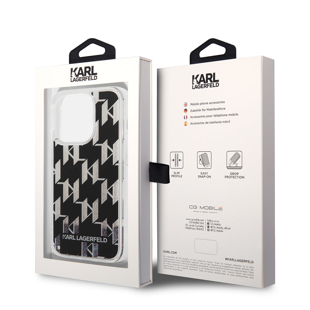 Deksel for Apple iPhone 14 Pro, Karl Lagerfeld, Liquid Glitter Monogram, Svart