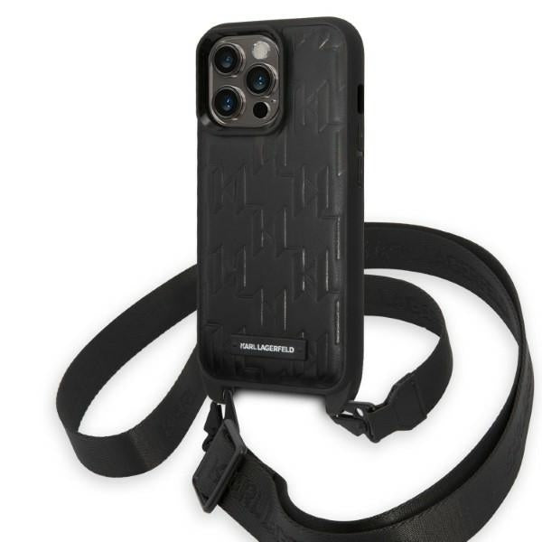 Deksel for Apple iPhone 14 Pro, Karl Lagerfeld, Monogram Plaque Logo with Strap, Svart