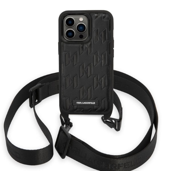 Deksel for Apple iPhone 14 Pro, Karl Lagerfeld, Monogram Plaque Logo with Strap, Svart
