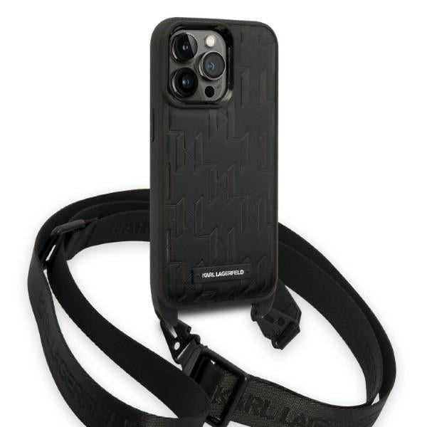 Deksel for Apple iPhone 14 Pro, Karl Lagerfeld, Monogram Plaque Logo with Strap, Svart